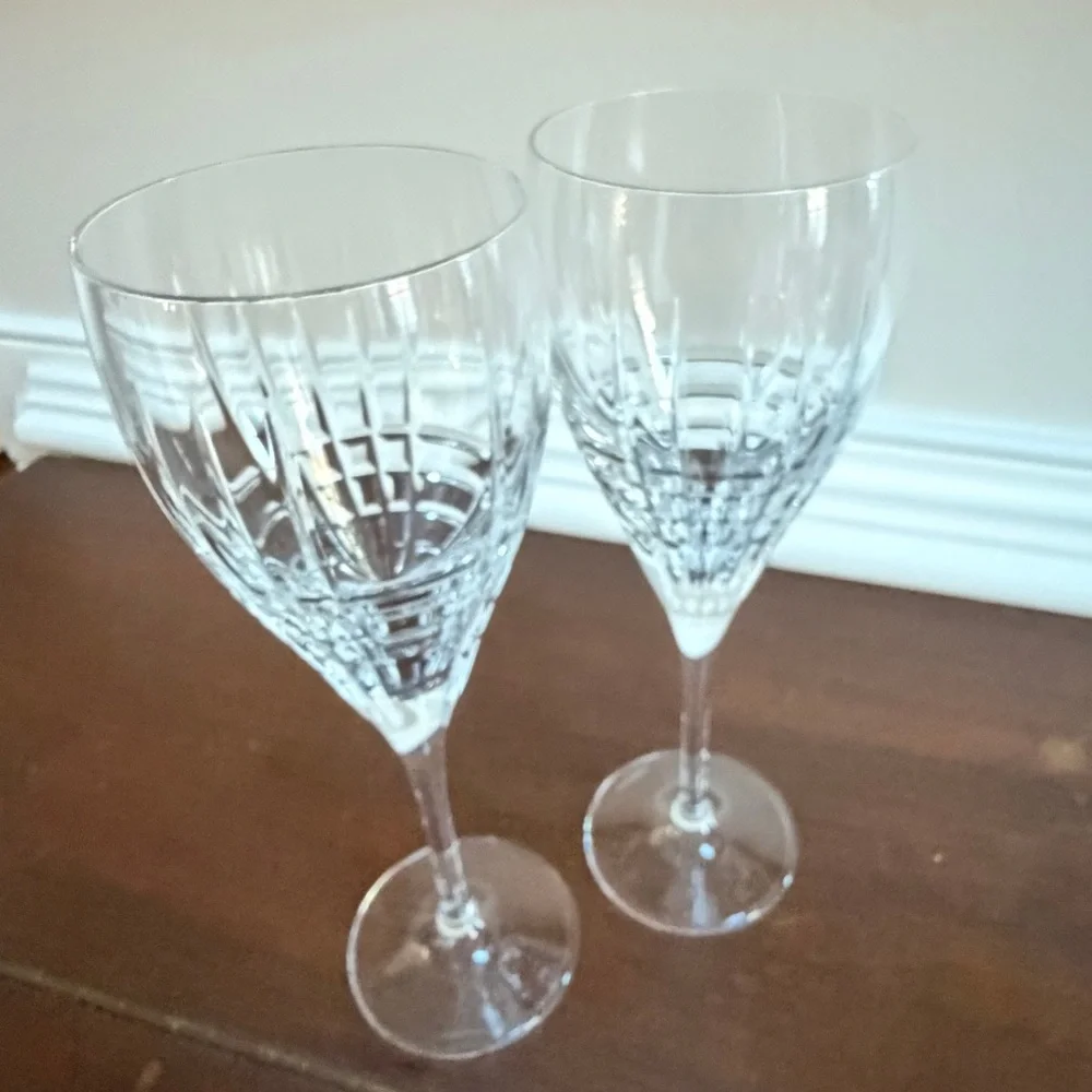 2 Tiffany & Co. Plaid Wine Glasses, 9 3/8”